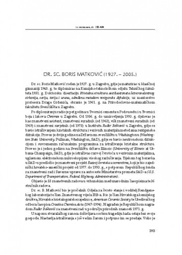 Dr. sc. Boris Matković (1927.-2005.) : [in memoriam] / Stanko Popović