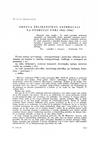 Obnova željezničkog saobraćaja na području FNRJ 1945.-1946. / M. Dobrinčić