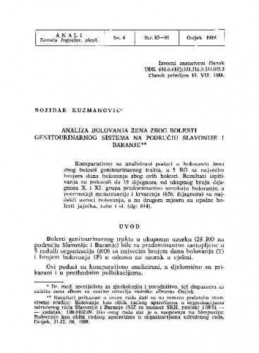 Analiza bolovanja žena zbog bolesti genitourinarnog sistema na području Slavonije i Baranje / Božidar Kuzmanović