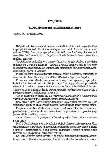 Osmi Dani specijalnih i visokoškolskih knjižnica (Opatija, 27. - 28. travnja 2006.) : [izvješće] / Marula Vujasinović