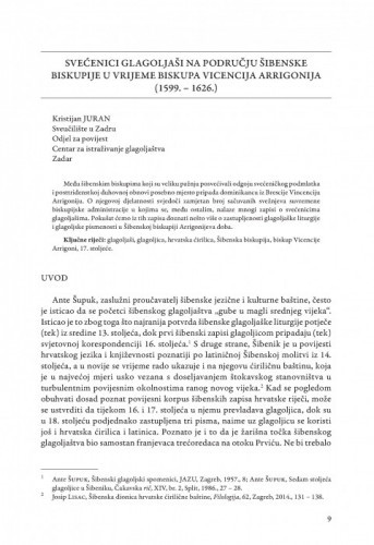 Svećenici glagoljaši na području Šibenske biskupije u vrijeme biskupa Vicencija Arrigonija (1599. – 1626.) / Kristijan Juran