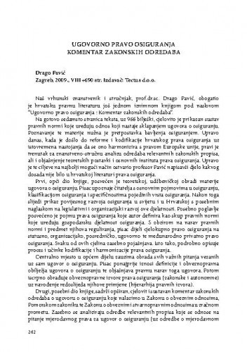 Ugovorno pravo osiguranja : Komentar zakonskih odredaba  (autor: D. Pavić)  (Tectus d.o.o., Zagreb, 2009.) : [prikaz knjige] / Jasenko Marin