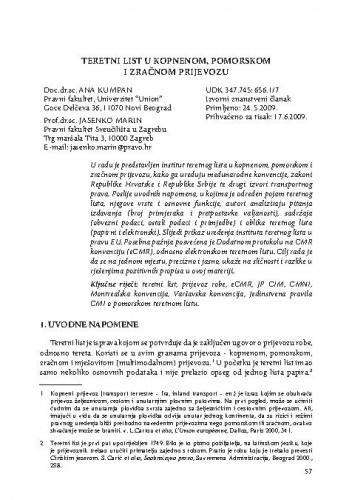 Teretni list u kopnenom, pomorskom i zračnom prijevozu / Ana Kumpan, Jasenko Marin