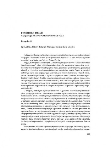 Pomorsko pravo. Knjiga druga : Pravo pomorskih prijevoza (autor: D. Pavić) (Split, Visoka pomorska škola, 2002.) : [prikaz knjige] / Jasenko Marin
