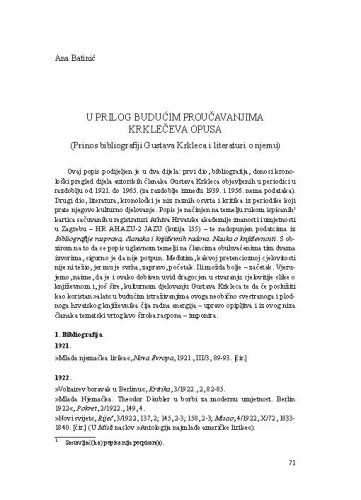 U prilog budućim proučavanjima Krklečeva opusa : (Prinos bibliografiji Gustava Krkleca i literaturi o njemu) / Ana Batinić