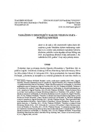 Varaždin u desetljeću nakon Velikog rata – pokušaj sinteze / Vladimir Huzjan