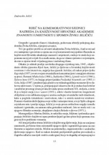 Riječ na komemorativnoj sjednici Razreda za književnost Hrvatske akademije znanosti i umjetnosti u spomen Živku Jeličiću