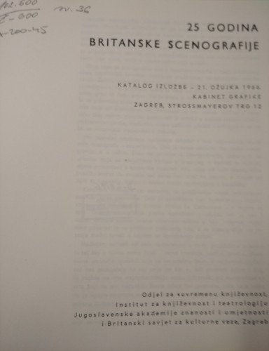 25 godina britanske scenografije : katalog izložbe, Kabinet grafike, Zagreb, 21.03.1966