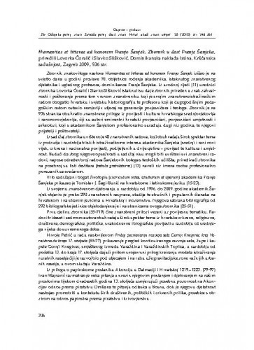 Humanitas et litterae ad honorem Franjo Šanjek. Zbornik u čast Franje Šanjeka, priredili Lovorka Čoralić i Slavko Slišković, Dominikanska naklada Istina, Kršćanska sadašnjost, Zagreb 2009. : [prikaz] / Zrinka Novak