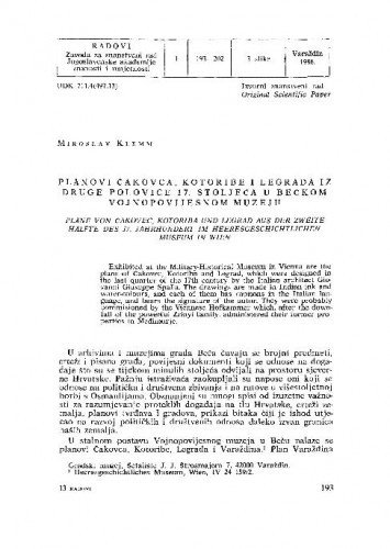 Planovi Čakovca, Kotoribe i Legrada iz druge polovice 17. stoljeća u Bečkom vojnopovijesnom muzeju / Miroslav Klemm