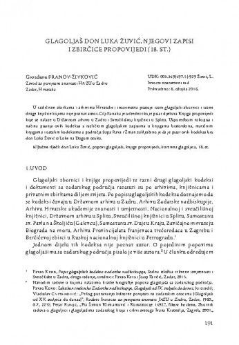 Glagoljaš don Luka Žuvić, njegovi zapisi i zbirčice propovijedi (18. st.) / Grozdana Franov-Živković