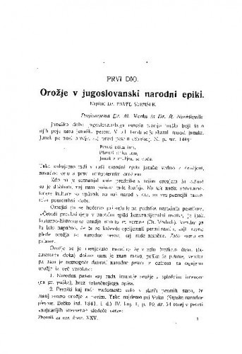 Orožje v jugoslovanski narodni epiki / P. Strmšek