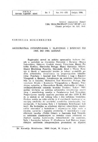 Arheološka istraživanja u Slavoniji i Baranji od 1985. do 1988. godine / Kornelija Minichreiter
