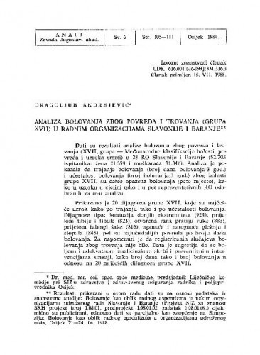 Analiza bolovanja zbog povreda i trovanja (grupa XVII) u radnim organizacijama Slavonije i Baranje / Dragoljub Andrejević