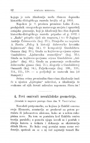 Prvi osnivači neeuklidske geometrije : (Izvadak iz rasprave.) / V. Varićak