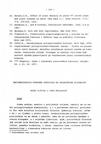 Racionalizacija primjene pesticida na skladištima Slavonije / Gojko A. Pivar, Irma Kalinović