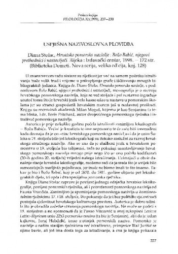 Uspješna nazivoslovna plovidba (Hrvatsko pomorsko nazivlje: Božo Babić, njegovi prethodnici i nastavljači / Diana Stolac, Rijeka, 1998.) / Branka Tafra
