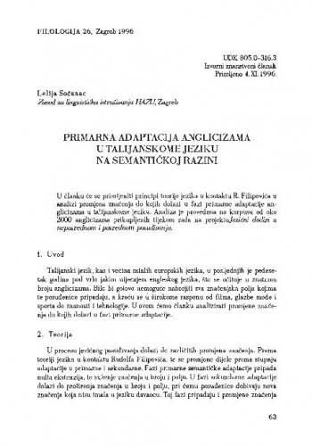 Primarna adaptacija anglicizama u talijanskome jeziku na semantičkoj razini / Lelija Sočanac