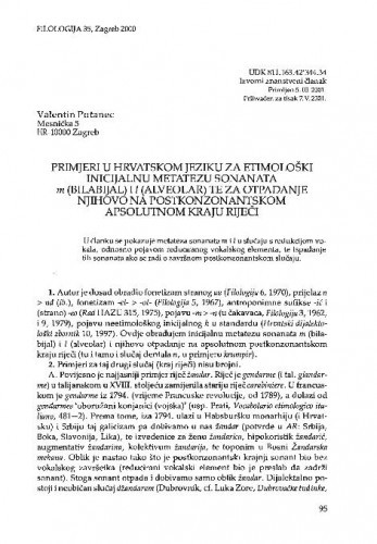 Primjeri u hrvatskom jeziku za etimološki inicijalnu metatezu sonanata m (bilabijal) i l (alveolar) te za otpadanje njihovo na postkonzonantskom apsolutnom kraju riječi / Valentin Putanec