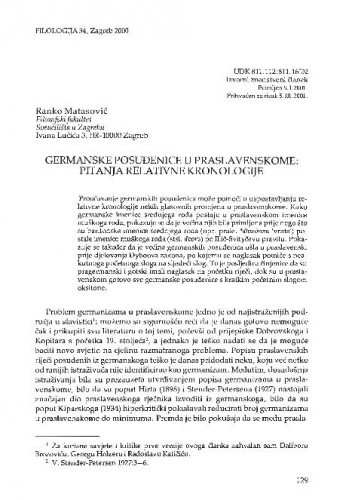 Germanske posuđenice u praslavenskome : pitanja relativne kronologije / Ranko Matasović
