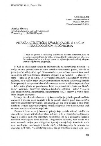 Pitanja stilističke kvalifikacije u općim i frazeološkim rječnicima / Antica Menac