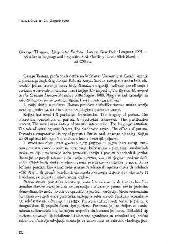 Thomas, George: Linguistic purism, London etc., 1991. / Lelija Sočanac