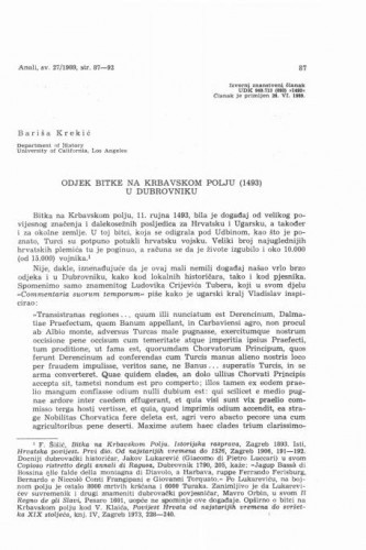 Odjek bitke na Krbavskom polju (1493) u Dubrovniku / Bariša Krekić