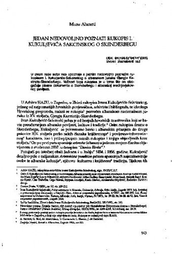 Jedan nedovoljno poznati rukopis I. Kukuljevića Sakcinskog o Skenderbegu / Musa Ahmeti