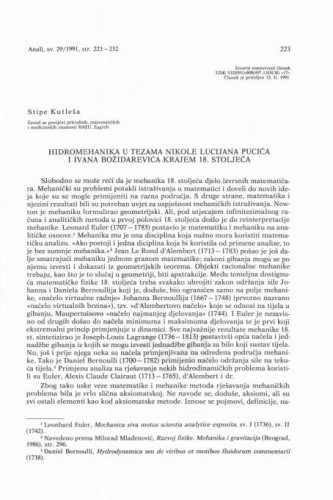 Hidromehanika u tezama Nikole Lucijana Pucića i Ivana Božidarevića krajem 18. stoljeća / Stipe Kutleša