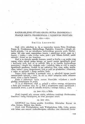 Razgrabljene stvari grofa Petra Zrinskoga i Franje Krsta Frankopana i njihovih pristaša g. 1670-1671. / Emilije Laszowski