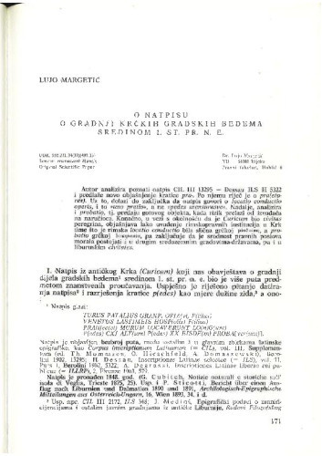 O natpisu o gradnji krčkih gradskih bedema sredinom 1. st. pr. n. e. / Lujo Margetić