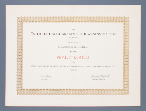Povelja dopisnog člana Austrijske akademije znanosti Franji Kogoju