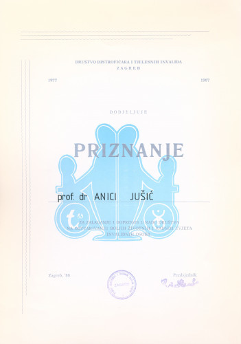 Povelja priznanja Hrvatskog društva distrofičara i tjelesnih invalida Zagreb Anici Jušić 