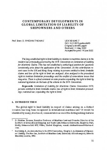 Contemporary Developments in Global Limitation of Liability of Shipowners and Others / D. Rhidian Thomas
