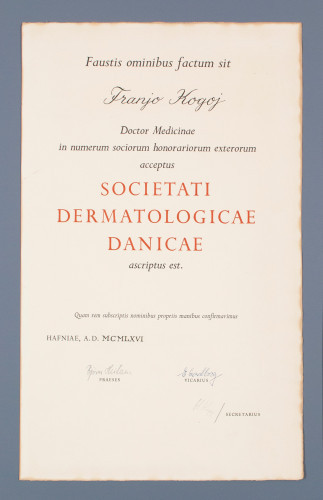 Povelja počasnog člana Danskog dermatološkog društva Franji Kogoju