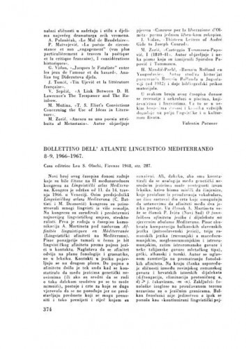Bollettino dall' Atlante linguistico Mediterraneo 8-9, 1966-1967, firenze 1968 : [prikaz] / Valentin Putanec