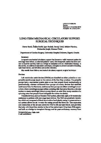 Long-term mechanical circulatory support: surgical techniques / Davor Barić, Željko Sutlić, Igor Rudež, Daniel Unić, Mislav Planinc, Dubravka Jonjić, Zorana Čekol