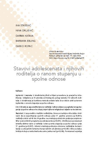 Stavovi adolescenata i njihovih roditelja o ranom stupanju u spolne odnose / Ina Stašević, Nina Drljević, Darma Katava, Barbara Ebling, Darko Ropac