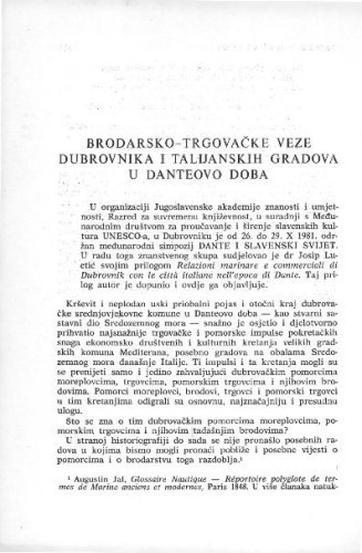 Brodarsko-trgovačke veze Dubrovnika i talijanskih gradova u Danteovo doba / J. Luetić