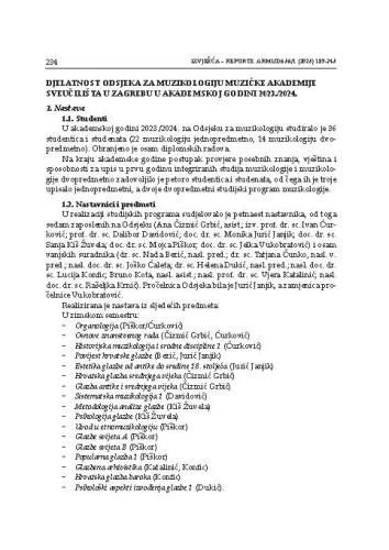Djelatnost Odsjeka za muzikologiju Muzičke akademije Sveučilišta u Zagrebu u akademskoj godini 2023/2024. : [izvješće] / Monika Jurić Janjik