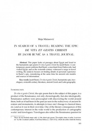 In Search of a Travel: Reading the Epic De Vita Et Gestis Christi by Jacob Bunić as a Travel Journal / Maja Matasović