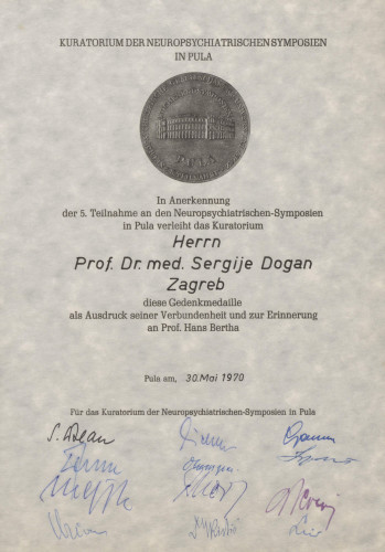 Povelja spomen-medalje prof. dr. Sergiju Doganu u povodu Neuropsihijatrijskog simpozija u Puli 1970. 