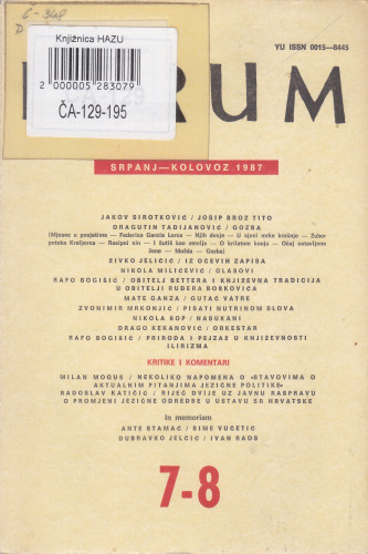 God. 26(1987), knj. 54, br. 7-8 (srpanj-kolovoz) / glavni i odgovorni urednik Slavko Mihalić