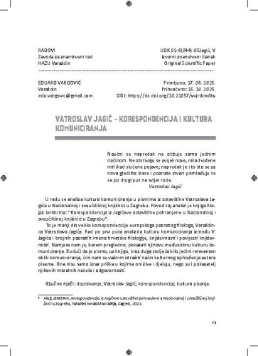 Vatroslav Jagić – korespondencija i kultura komuniciranja / Eduard Vargović