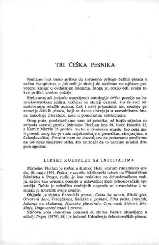 Tri češka pesnika / Josef Hanzlik, Miroslav Florian, Kamil Maržik ; preveli Radomir Mićunović, D. i J. Lazarević, V. Koprivica