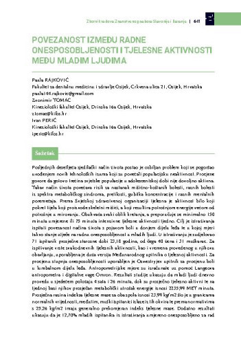 Povezanost između radne onesposobljenosti i tjelesne aktivnosti među mladim ljudima / Paula Rajković, Zvonimir Tomac, Ivan Perić