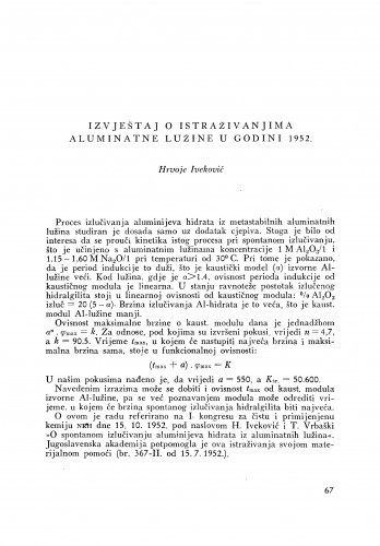 Izvještaj o istraživanju aluminatne lužine u godini 1952. / H. Iveković