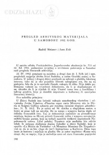 Pregled arhivskog materijala u Samoboru 1952. god. / R. Maixner i I. Esih