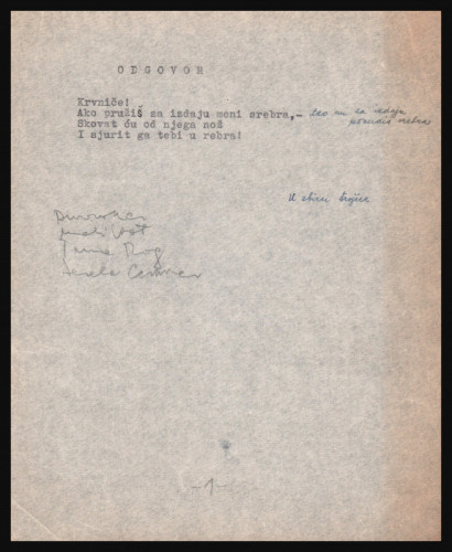 Odgovor; Srebrna pjesma; Uspomene; Jutra; Moj grob; Vojnikova ruka; Usnula draga; Prezrela jesen; Mjesečeva sonata; Noć; Lastavice; Bdenje; Noćni vlak; Mračno doba; Samotno drvo; Bjeline; Jasan dan; Garište; Trajanje; Pilat; Slutnja; Samome sebi
