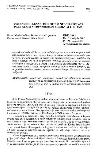 Prigovori o nenadležnosti i o nedopustivosti pred nekim međunarodnim sudbenim tijelima / Vladimir-Đuro Degan